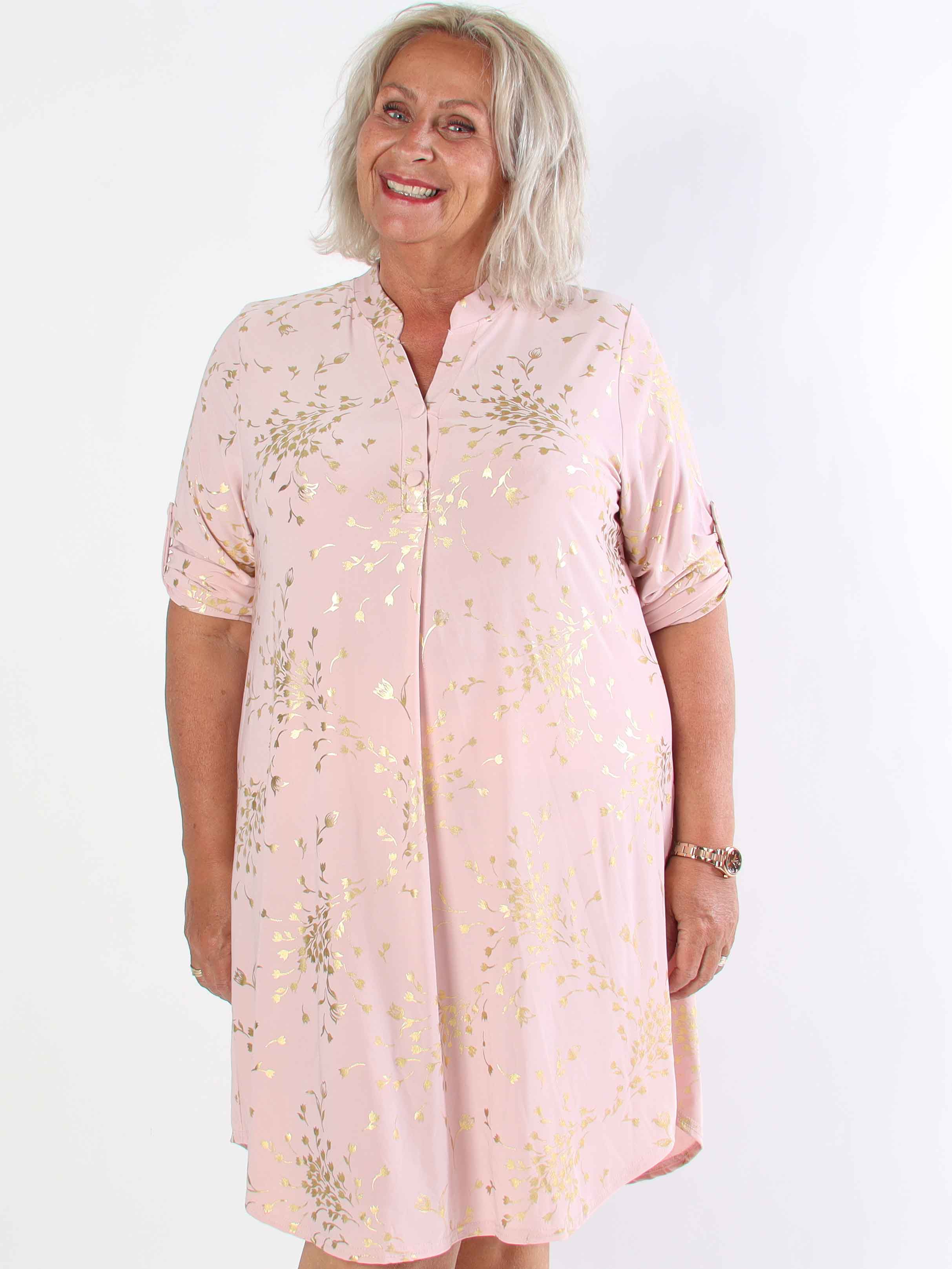 Ebba Gold Leaf Long - Elastisk enfärgad plus size klänning med guld blommigt mönster